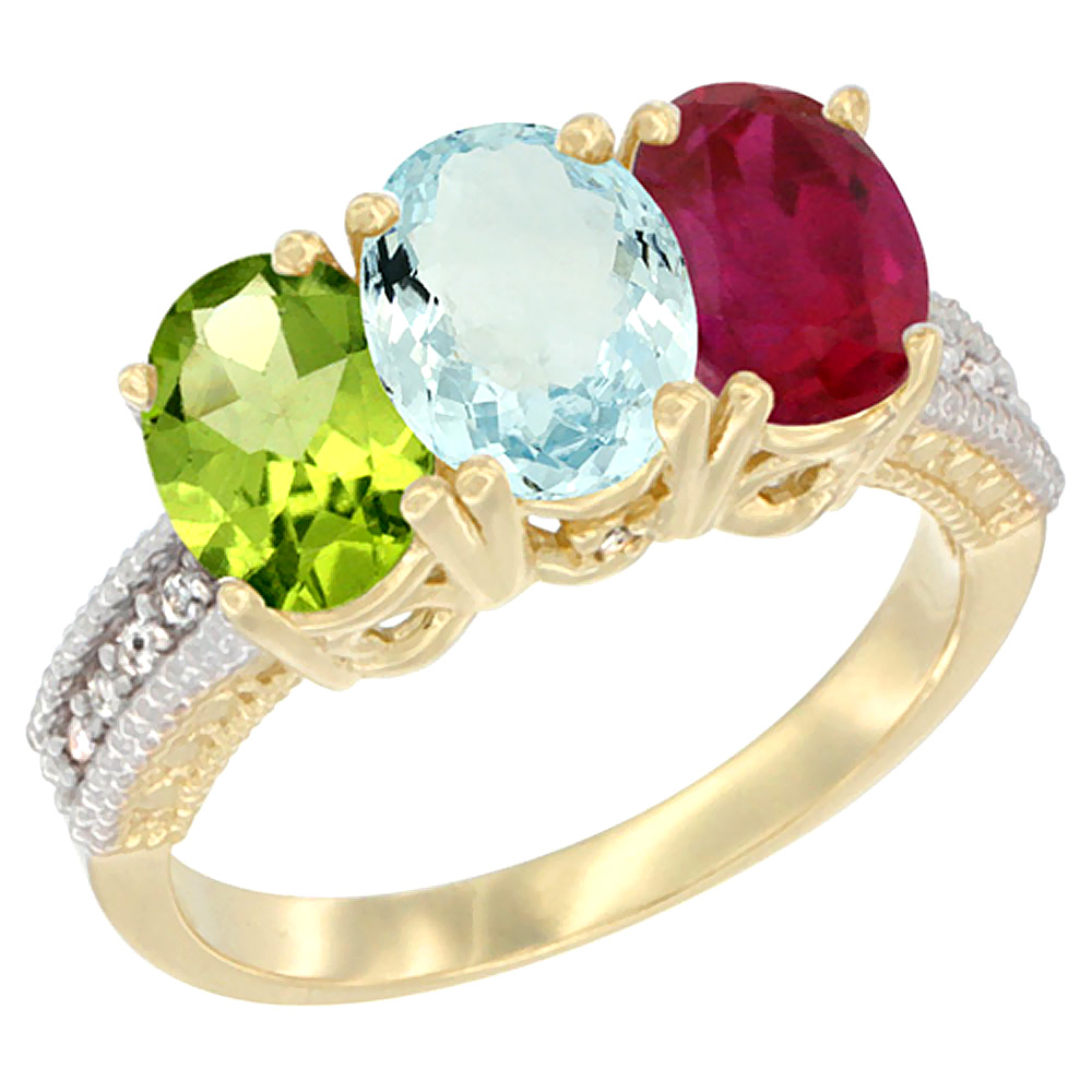 14K Yellow Gold Natural Peridot, Aquamarine &amp; Enhanced Ruby Ring 3-Stone 7x5 mm Oval Diamond Accent, sizes 5 - 10