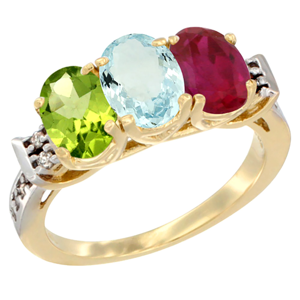 14K Yellow Gold Natural Peridot, Aquamarine & Enhanced Ruby Ring 3-Stone 7x5 mm Oval Diamond Accent, sizes 5 - 10