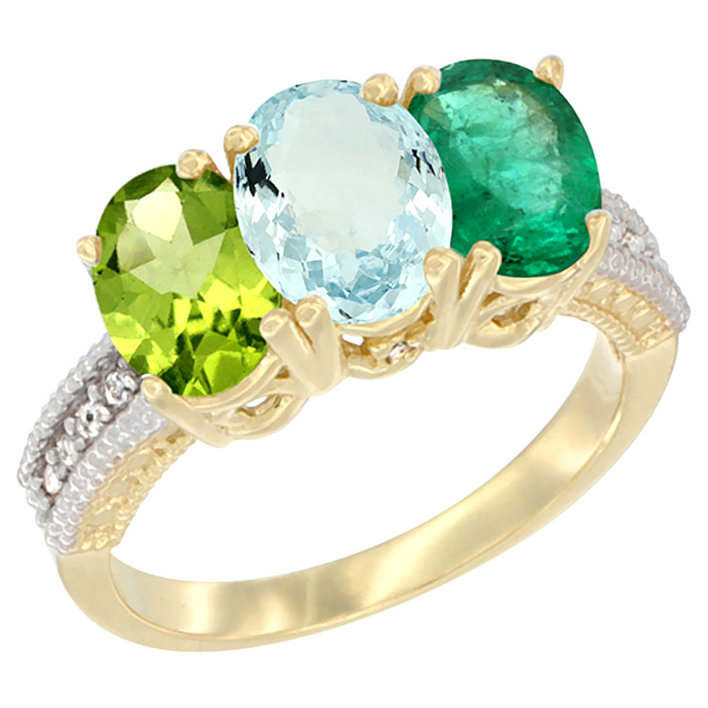 14K Yellow Gold Natural Peridot, Aquamarine & Emerald Ring 3-Stone 7x5 mm Oval Diamond Accent, sizes 5 - 10