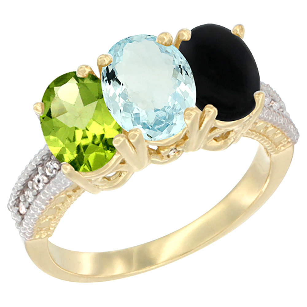 10K Yellow Gold Diamond Natural Peridot, Aquamarine &amp; Black Onyx Ring 3-Stone 7x5 mm Oval, sizes 5 - 10