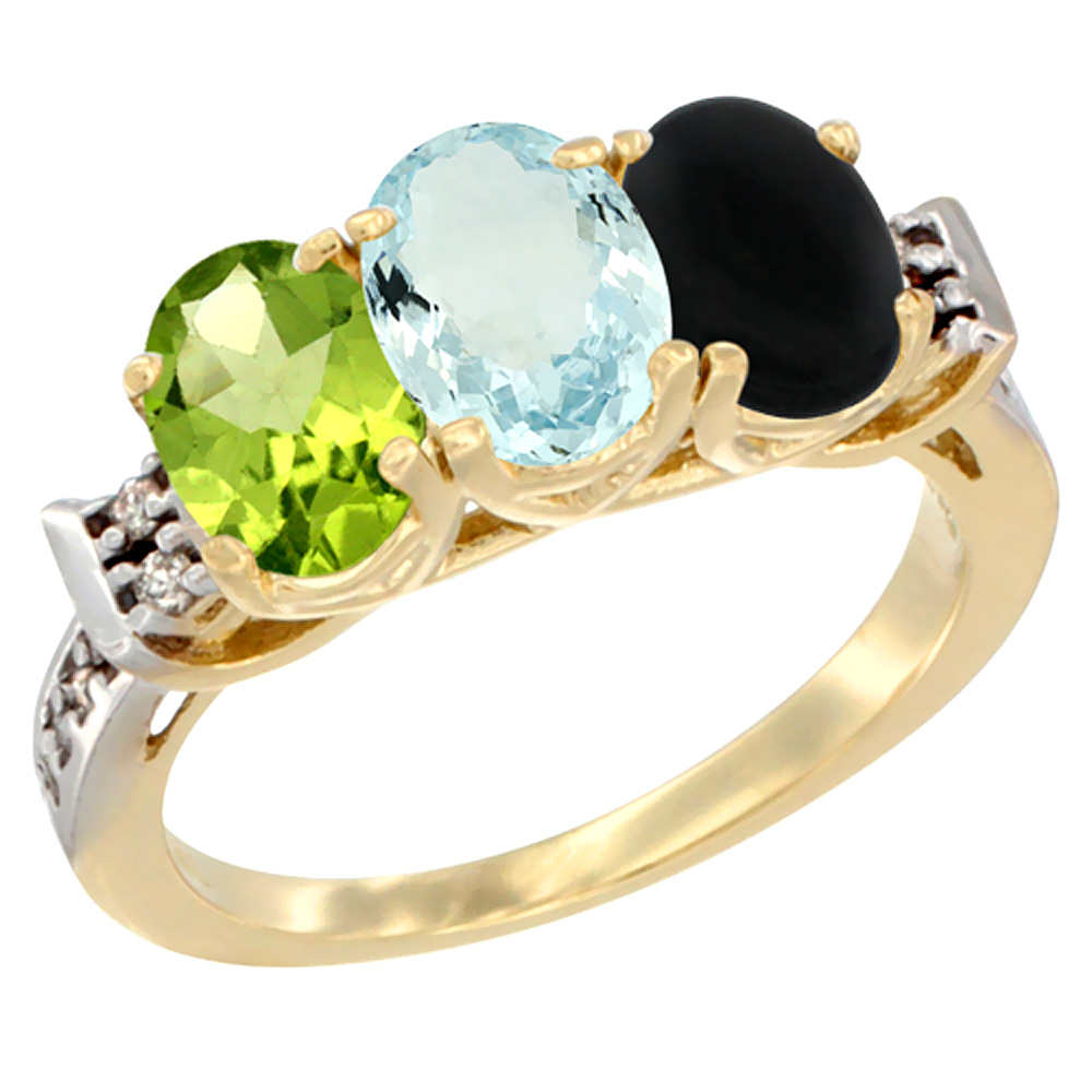 14K Yellow Gold Natural Peridot, Aquamarine & Black Onyx Ring 3-Stone 7x5 mm Oval Diamond Accent, sizes 5 - 10