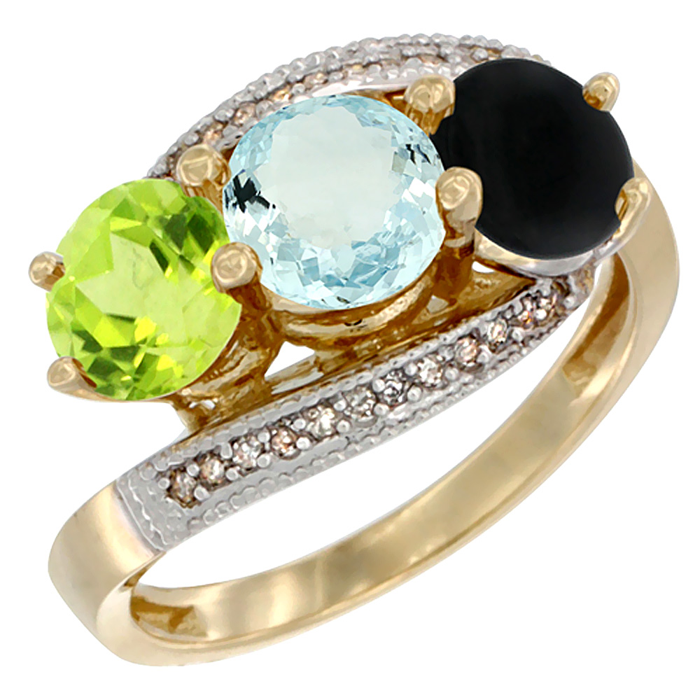 14K Yellow Gold Natural Peridot, Aquamarine &amp; Black Onyx 3 stone Ring Round 6mm Diamond Accent, sizes 5 - 10