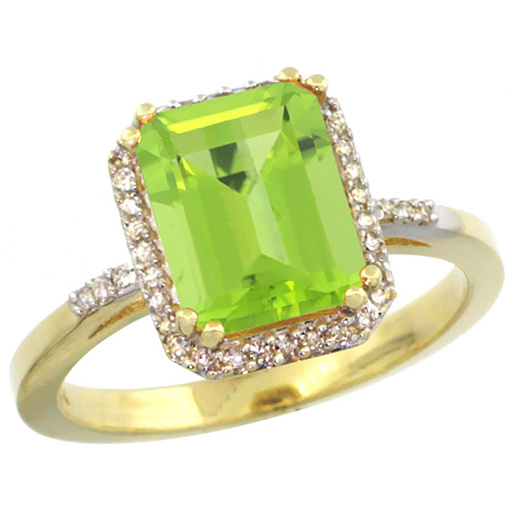 14K Yellow Gold Diamond Natural Peridot Ring Emerald-cut 9x7mm, sizes 5-10