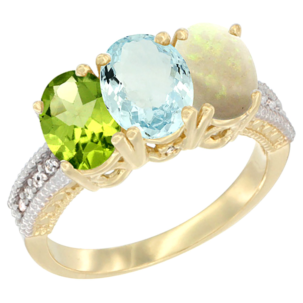 14K Yellow Gold Natural Peridot, Aquamarine & Opal Ring 3-Stone 7x5 mm Oval Diamond Accent, sizes 5 - 10