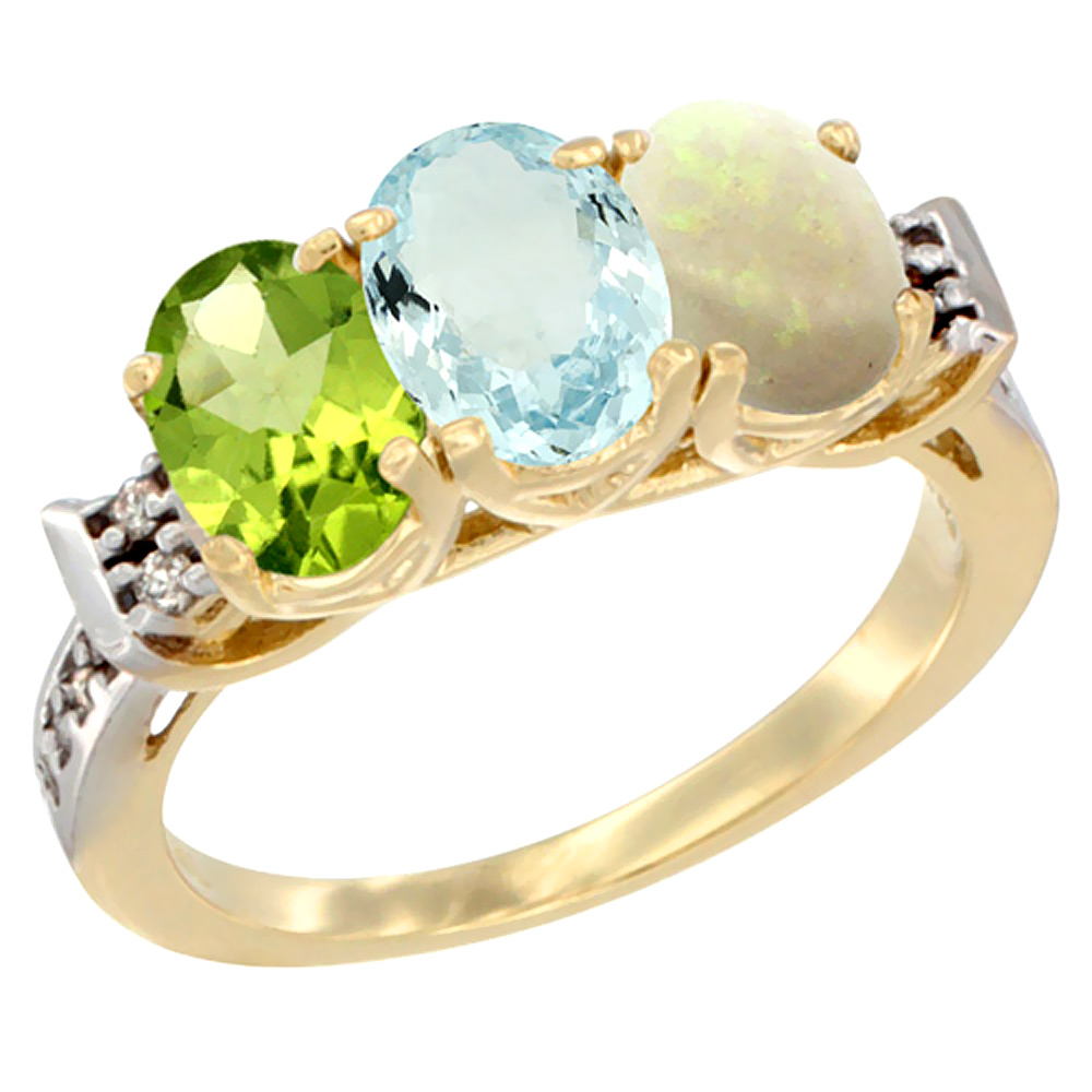 10K Yellow Gold Natural Peridot, Aquamarine &amp; Opal Ring 3-Stone Oval 7x5 mm Diamond Accent, sizes 5 - 10