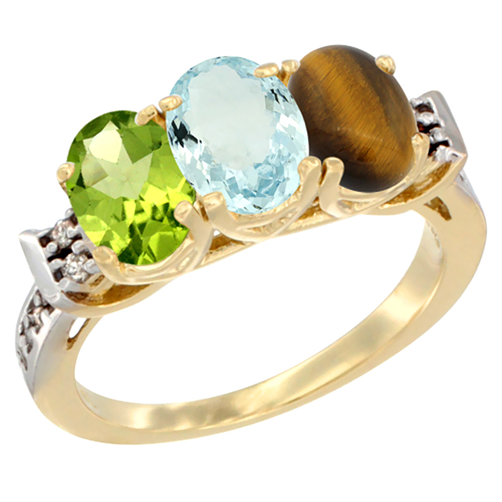 14K Yellow Gold Natural Peridot, Aquamarine &amp; Tiger Eye Ring 3-Stone 7x5 mm Oval Diamond Accent, sizes 5 - 10