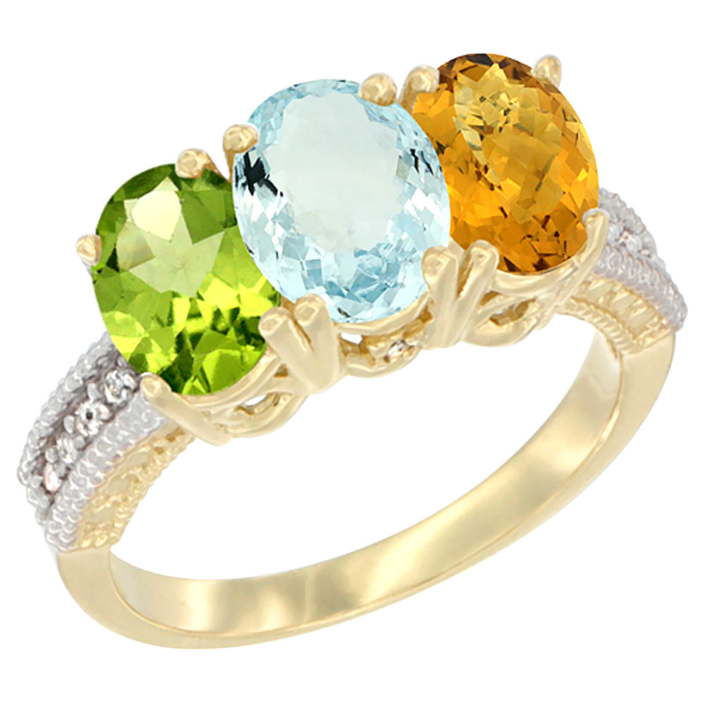 14K Yellow Gold Natural Peridot, Aquamarine & Whisky Quartz Ring 3-Stone Oval 7x5 mm Diamond Accent, sizes 5 - 10