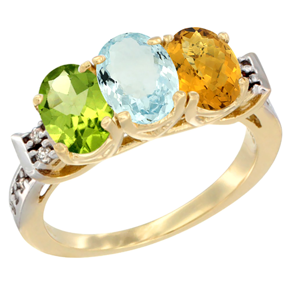 14K Yellow Gold Natural Peridot, Aquamarine & Whisky Quartz Ring 3-Stone 7x5 mm Oval Diamond Accent, sizes 5 - 10