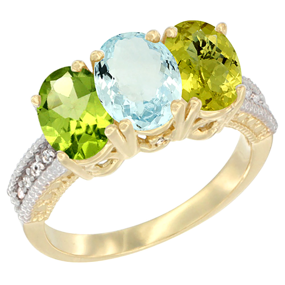 14K Yellow Gold Natural Peridot, Aquamarine & Lemon Quartz Ring 3-Stone Oval 7x5 mm Diamond Accent, sizes 5 - 10