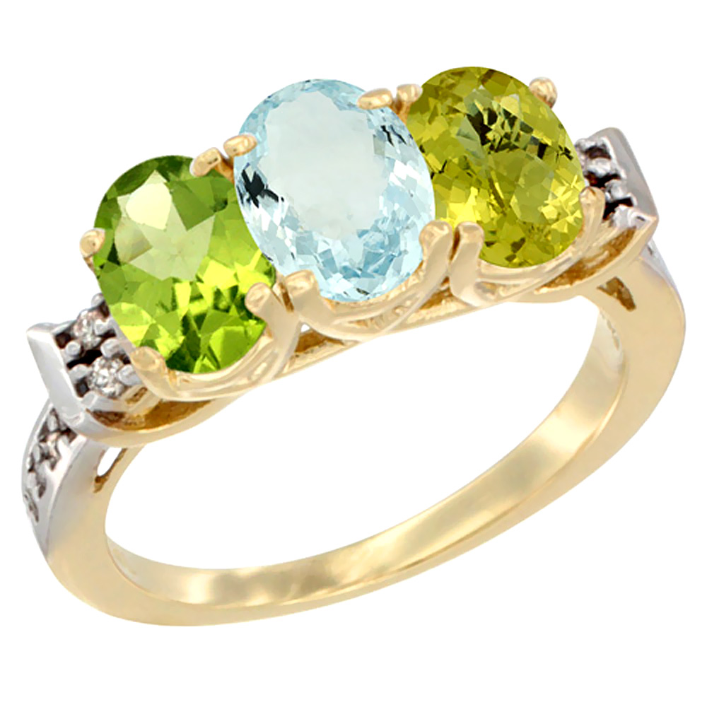 14K Yellow Gold Natural Peridot, Aquamarine & Lemon Quartz Ring 3-Stone Oval 7x5 mm Diamond Accent, sizes 5 - 10