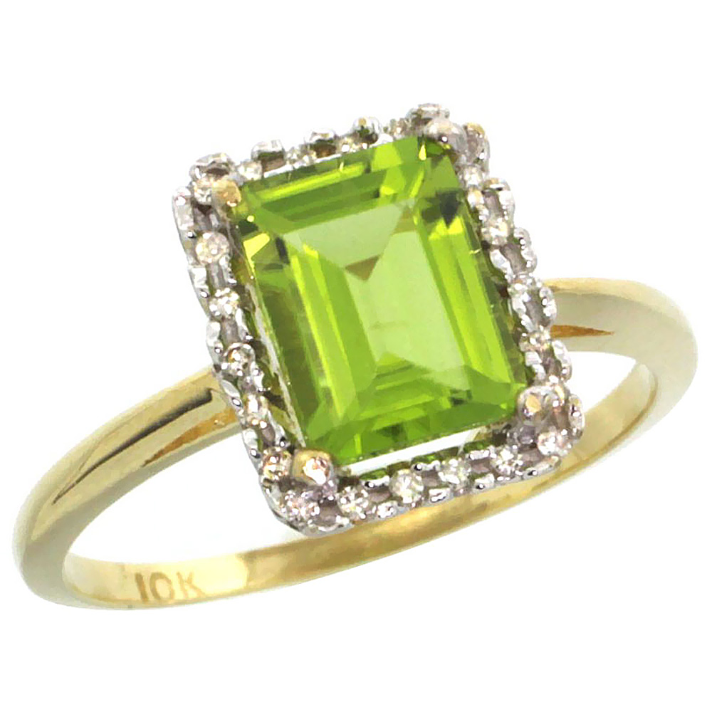 14K Yellow Gold Diamond Natural Peridot Ring Emerald-cut 8x6mm, sizes 5-10