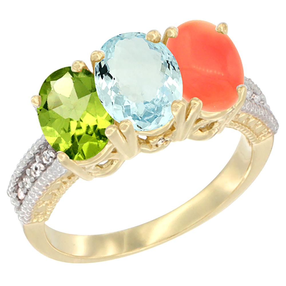 14K Yellow Gold Natural Peridot, Aquamarine & Coral Ring 3-Stone Oval 7x5 mm Diamond Accent, sizes 5 - 10