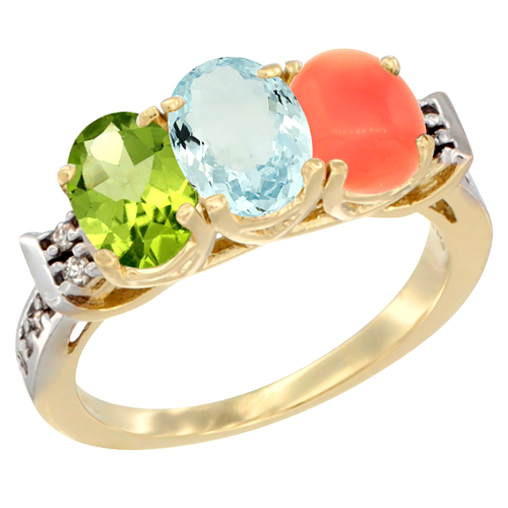 14K Yellow Gold Natural Peridot, Aquamarine & Coral Ring 3-Stone Oval 7x5 mm Diamond Accent, sizes 5 - 10