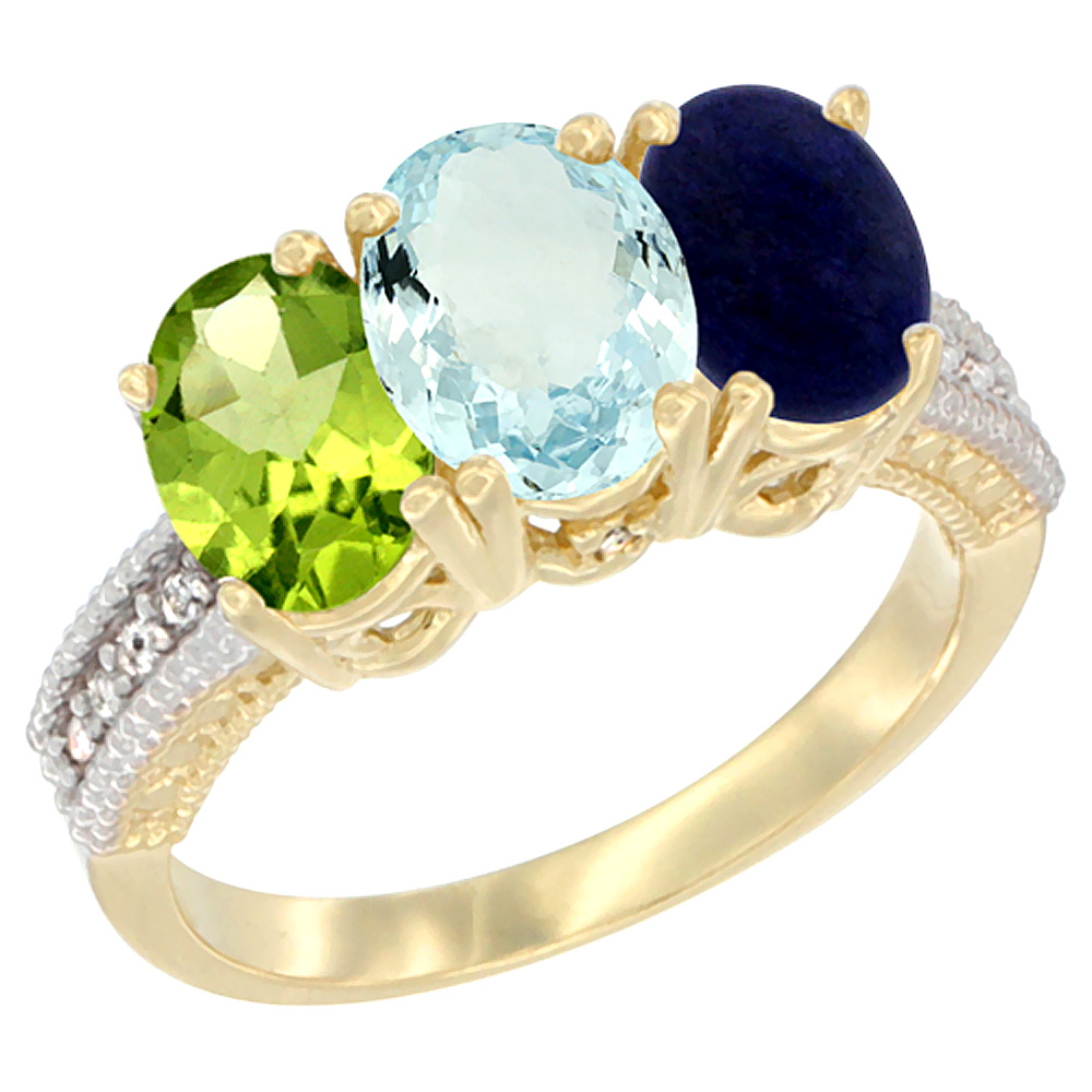 14K Yellow Gold Natural Peridot, Aquamarine & Lapis Ring 3-Stone Oval 7x5 mm Diamond Accent, sizes 5 - 10