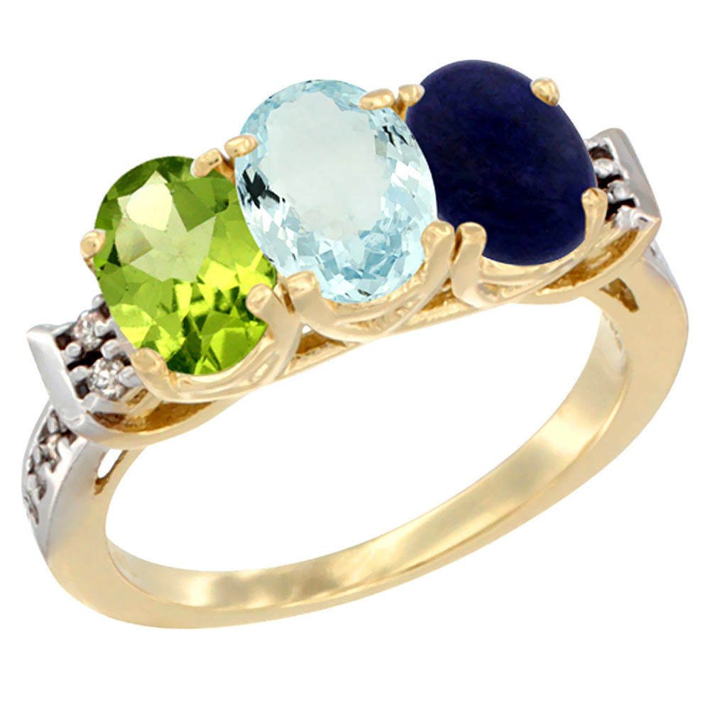 14K Yellow Gold Natural Peridot, Aquamarine & Lapis Ring 3-Stone Oval 7x5 mm Diamond Accent, sizes 5 - 10