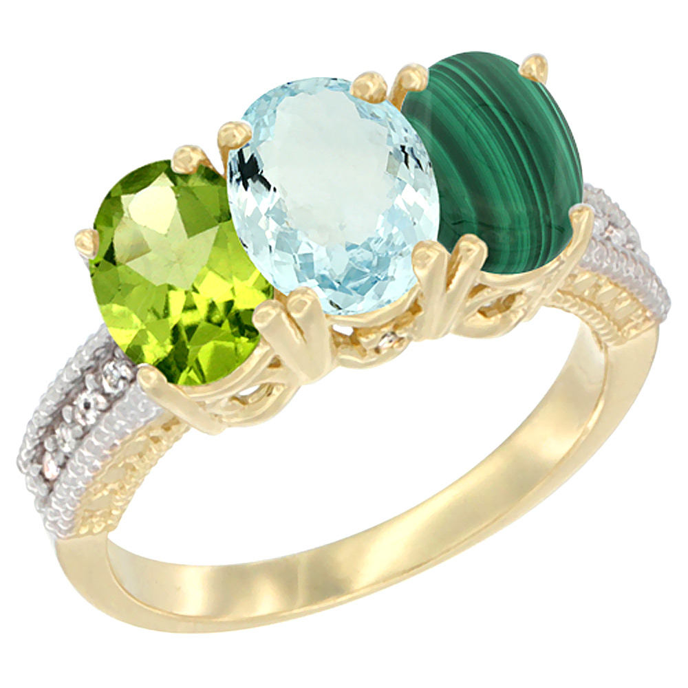10K Yellow Gold Natural Peridot, Aquamarine & Malachite Ring 3-Stone Oval 7x5 mm, sizes 5 - 10