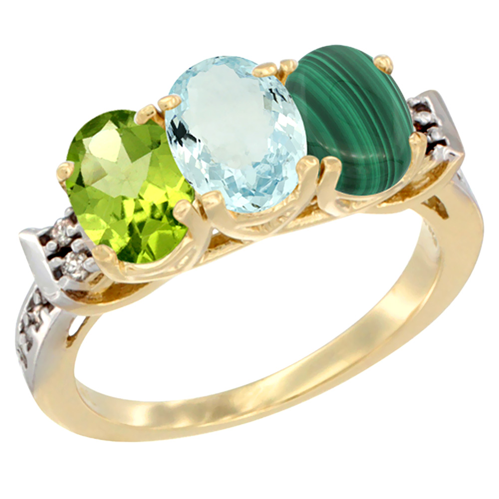 14K Yellow Gold Natural Peridot, Aquamarine & Malachite Ring 3-Stone Oval 7x5 mm Diamond Accent, sizes 5 - 10