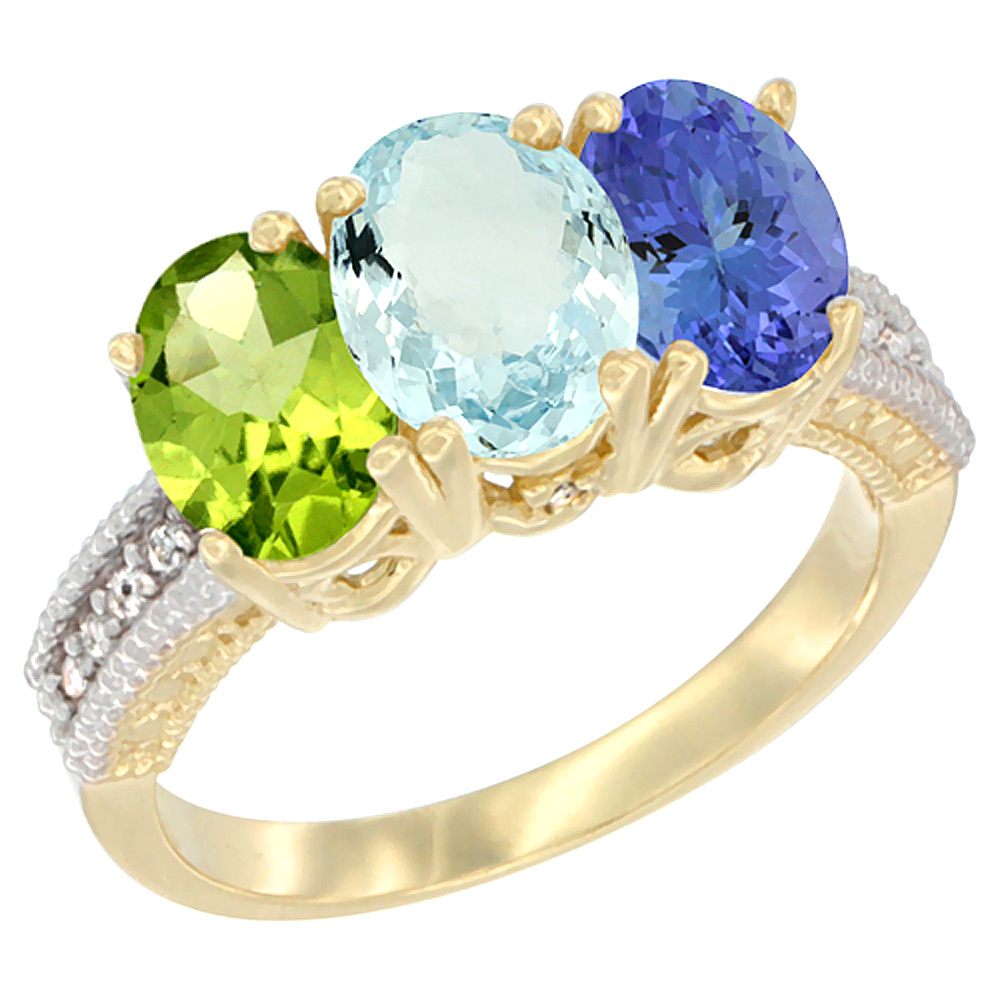 14K Yellow Gold Natural Peridot, Aquamarine & Tanzanite Ring 3-Stone Oval 7x5 mm Diamond Accent, sizes 5 - 10