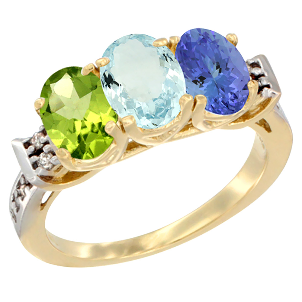 14K Yellow Gold Natural Peridot, Aquamarine & Tanzanite Ring 3-Stone Oval 7x5 mm Diamond Accent, sizes 5 - 10