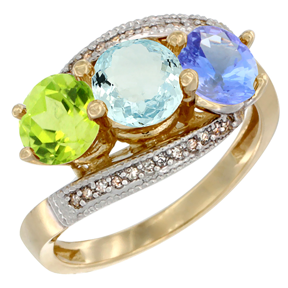 10K Yellow Gold Natural Peridot, Aquamarine &amp; Tanzanite 3 stone Ring Round 6mm Diamond Accent, sizes 5 - 10