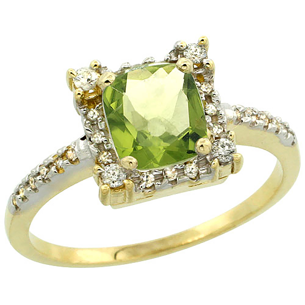 10k Yellow Gold Natural Peridot Ring Cushion-cut 6x6mm Diamond Halo, sizes 5-10