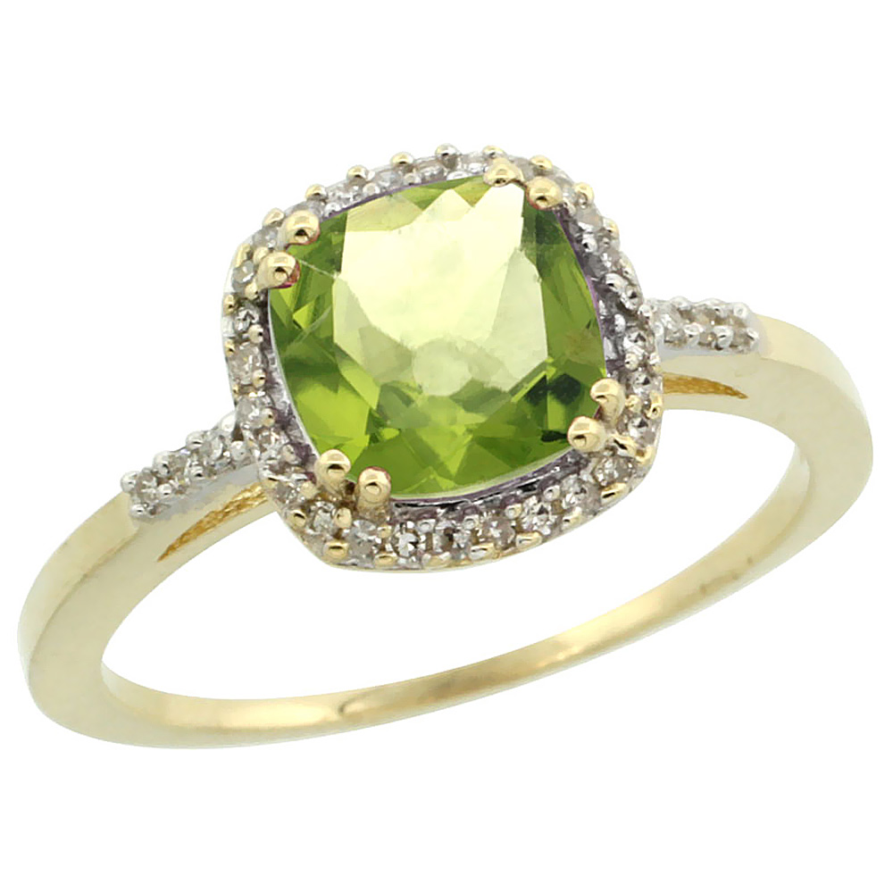 10K Yellow Gold Diamond Natural Peridot Ring Cushion-cut 7x7mm, sizes 5-10