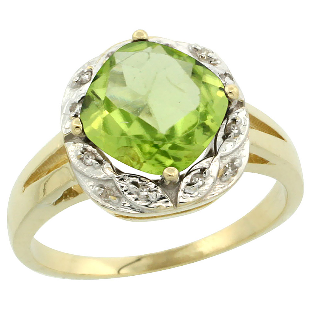 10k Yellow Gold Natural Peridot Ring Cushion-cut 8x8mm Diamond Halo, sizes 5-10