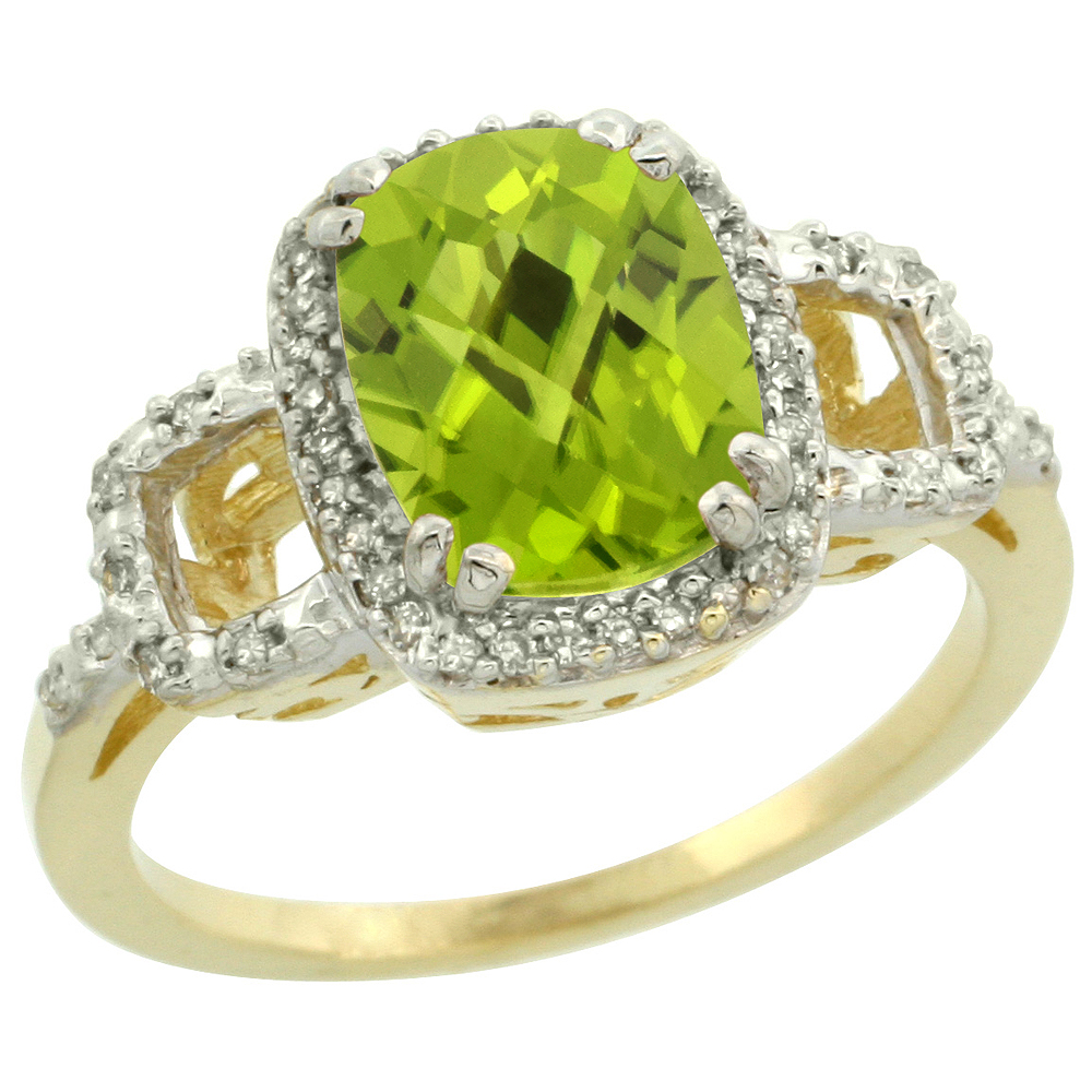 14K Yellow Gold Diamond Natural Peridot Ring Cushion-cut 9x7mm, sizes 5-10