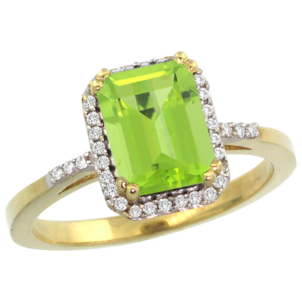 14K Yellow Gold Diamond Natural Peridot Ring Emerald-cut 8x6mm, sizes 5-10