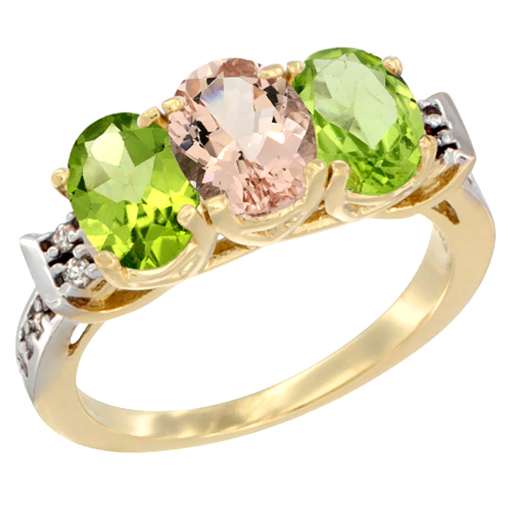 14K Yellow Gold Natural Morganite & Peridot Sides Ring 3-Stone Oval 7x5 mm Diamond Accent, sizes 5 - 10