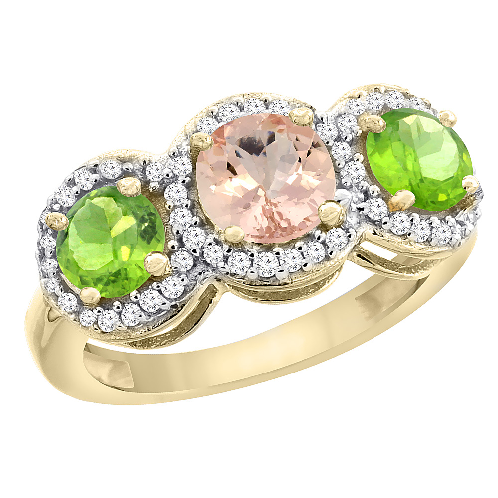 10K Yellow Gold Natural Morganite & Peridot Sides Round 3-stone Ring Diamond Accents, sizes 5 - 10