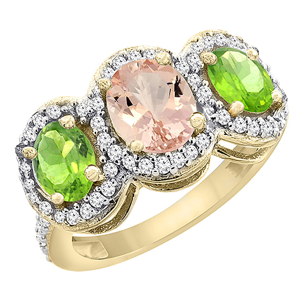 14K Yellow Gold Natural Morganite & Peridot 3-Stone Ring Oval Diamond Accent, sizes 5 - 10