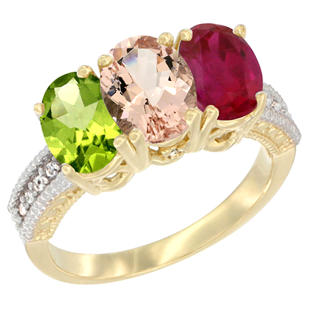 14K Yellow Gold Natural Peridot, Morganite &amp; Enhanced Ruby Ring 3-Stone Oval 7x5 mm Diamond Accent, sizes 5 - 10