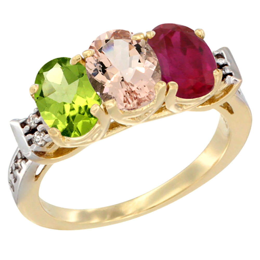 14K Yellow Gold Natural Peridot, Morganite & Enhanced Ruby Ring 3-Stone Oval 7x5 mm Diamond Accent, sizes 5 - 10