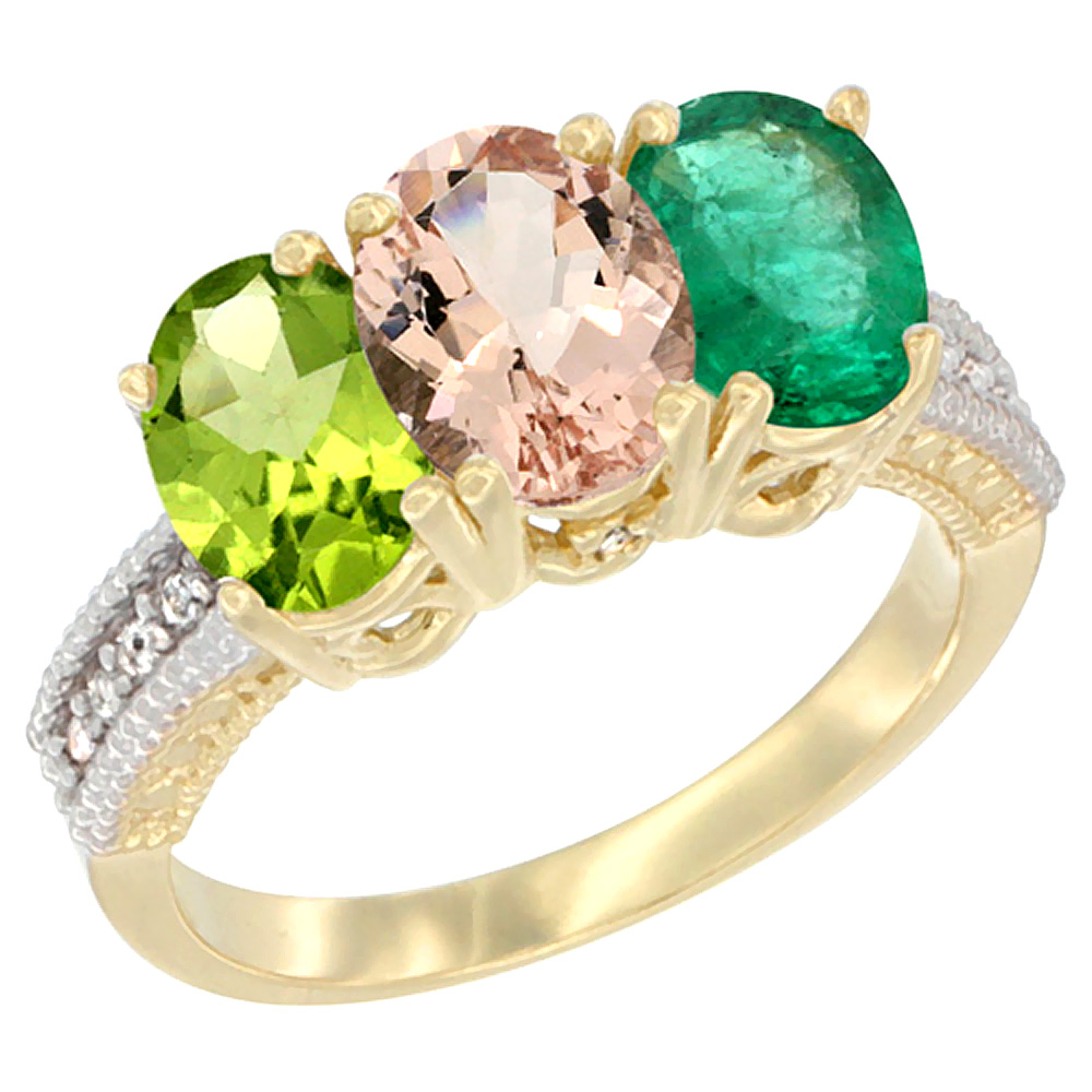 14K Yellow Gold Natural Peridot, Morganite & Emerald Ring 3-Stone Oval 7x5 mm Diamond Accent, sizes 5 - 10