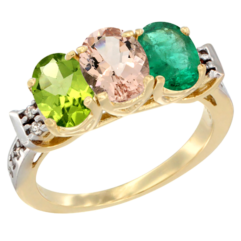 14K Yellow Gold Natural Peridot, Morganite & Emerald Ring 3-Stone Oval 7x5 mm Diamond Accent, sizes 5 - 10