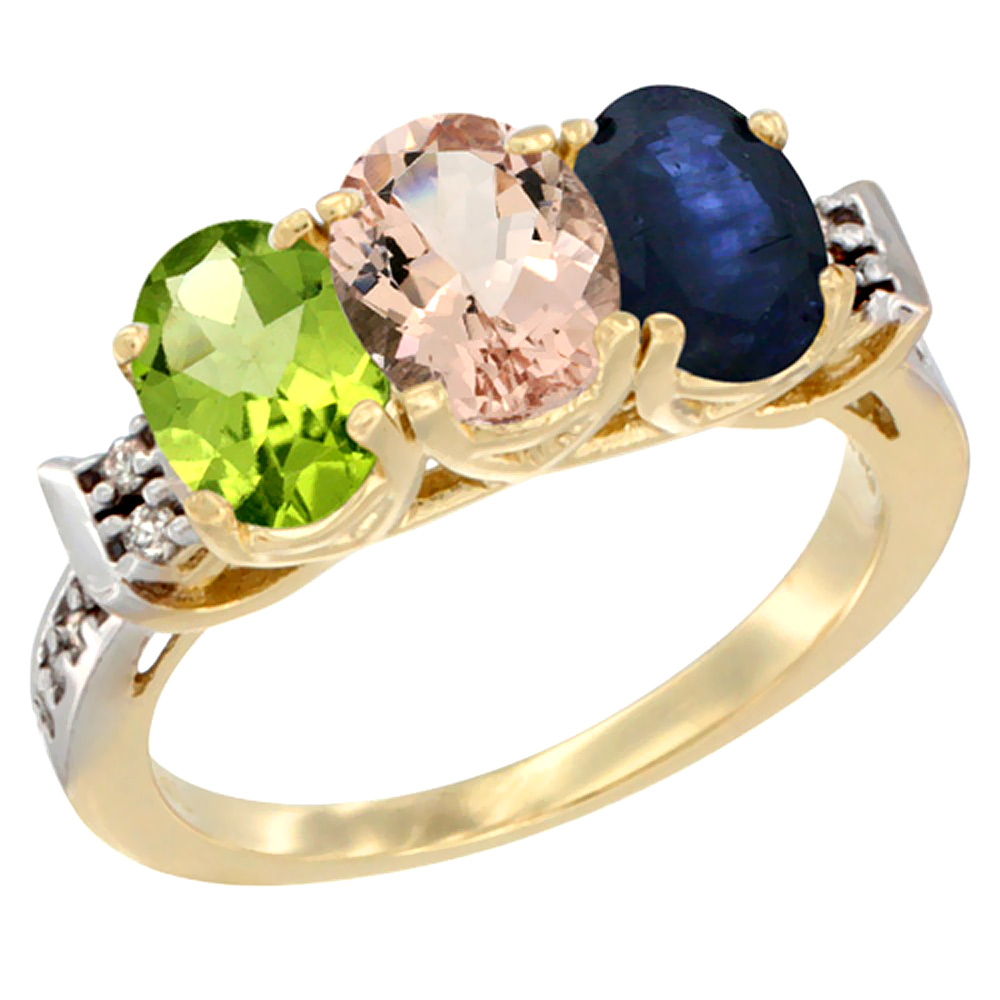 14K Yellow Gold Natural Peridot, Morganite &amp; Blue Sapphire Ring 3-Stone Oval 7x5 mm Diamond Accent, sizes 5 - 10