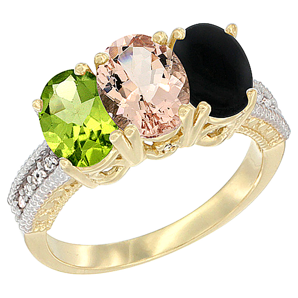 14K Yellow Gold Natural Peridot, Morganite & Black Onyx Ring 3-Stone Oval 7x5 mm Diamond Accent, sizes 5 - 10