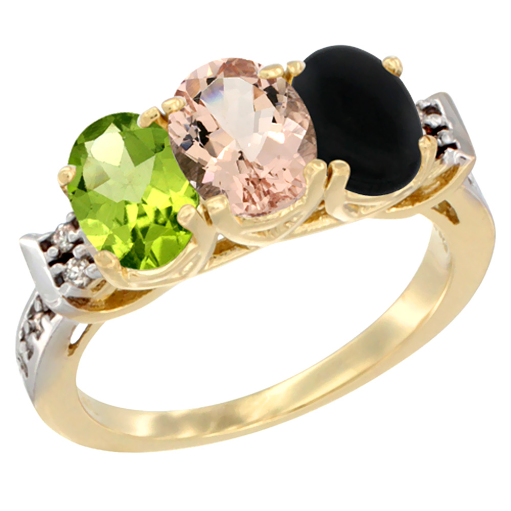 14K Yellow Gold Natural Peridot, Morganite & Black Onyx Ring 3-Stone Oval 7x5 mm Diamond Accent, sizes 5 - 10