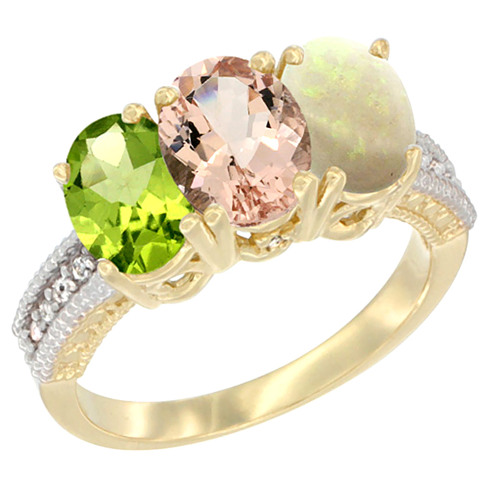 10K Yellow Gold Natural Peridot, Morganite & Opal Ring 3-Stone Oval 7x5 mm, sizes 5 - 10