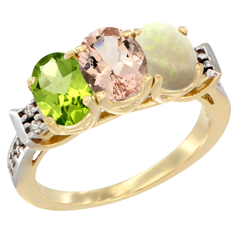 10K Yellow Gold Natural Peridot, Morganite & Opal Ring 3-Stone Oval 7x5 mm Diamond Accent, sizes 5 - 10
