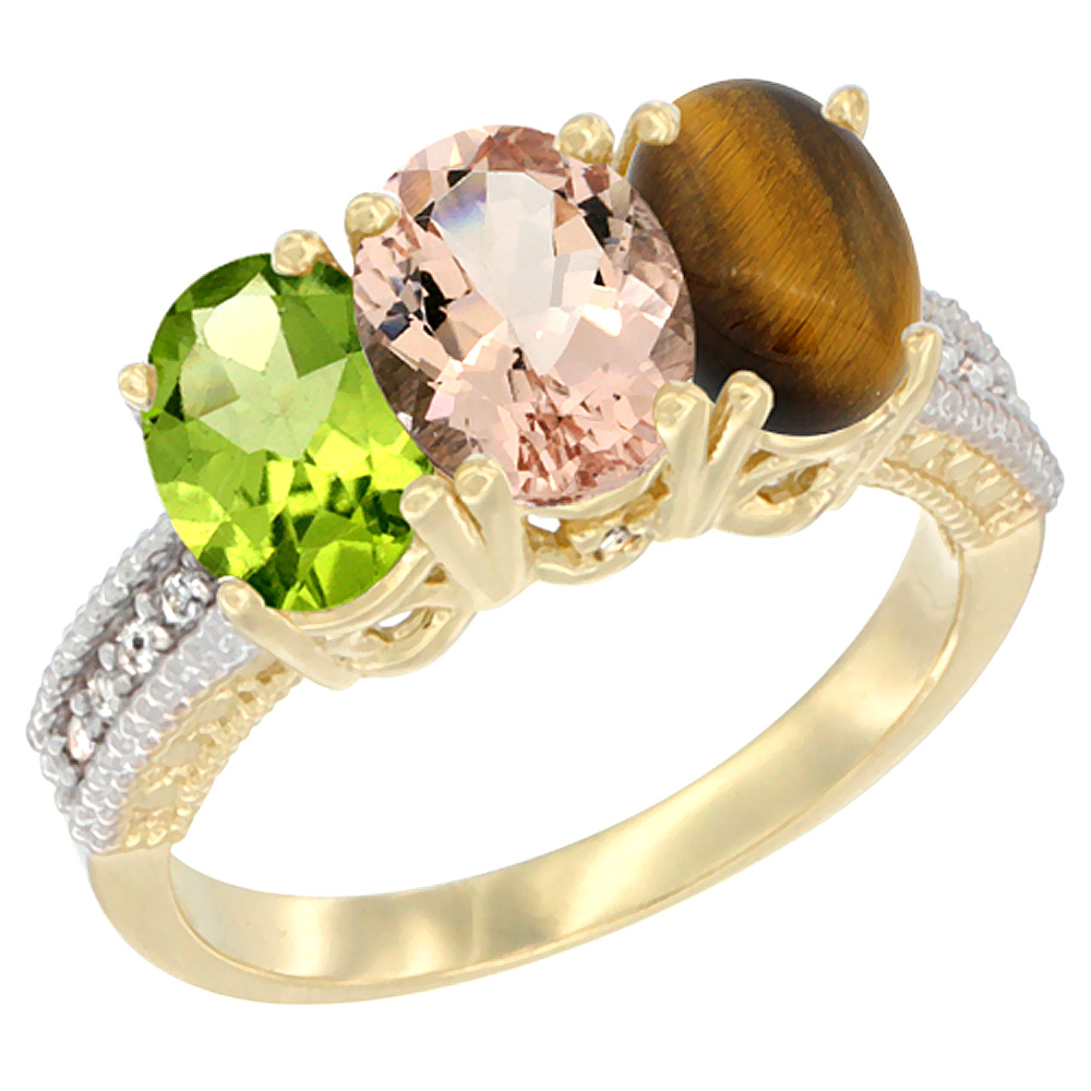 10K Yellow Gold Natural Peridot, Morganite & Tiger Eye Ring 3-Stone Oval 7x5 mm, sizes 5 - 10
