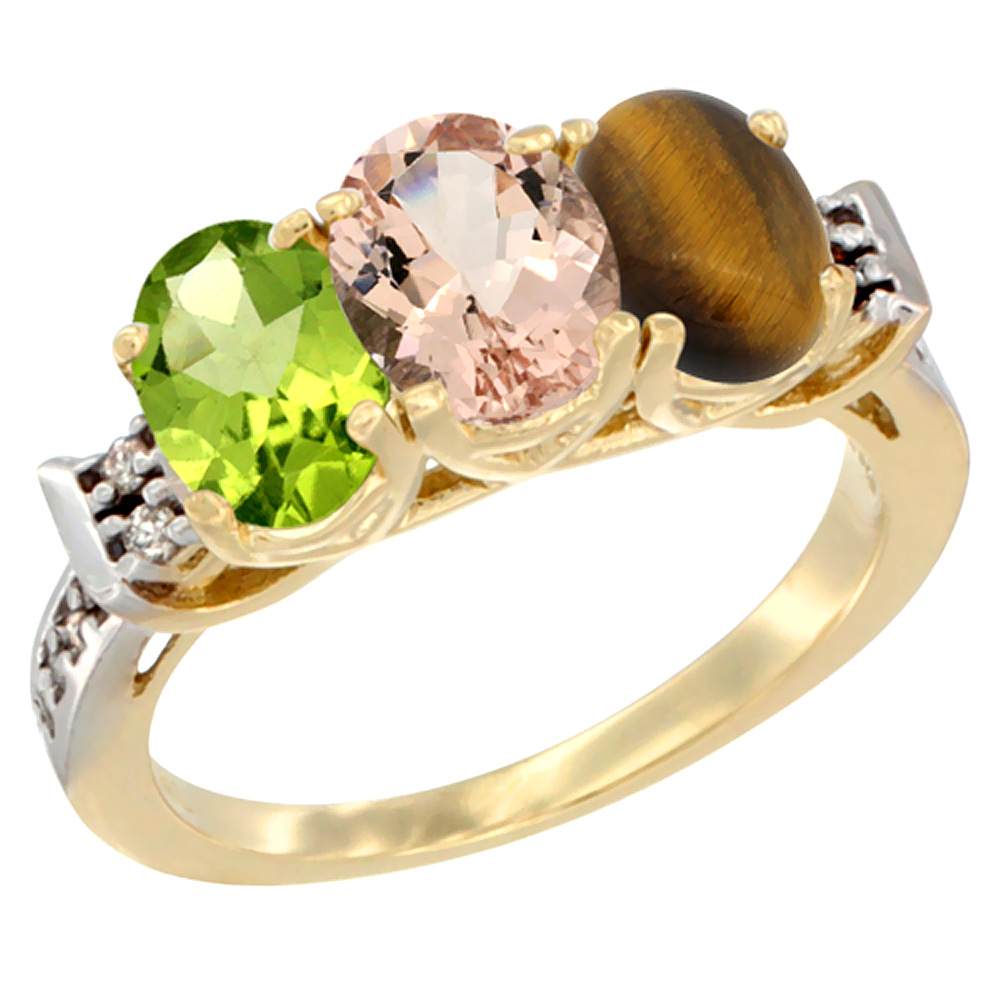 10K Yellow Gold Natural Peridot, Morganite & Tiger Eye Ring 3-Stone Oval 7x5 mm Diamond Accent, sizes 5 - 10