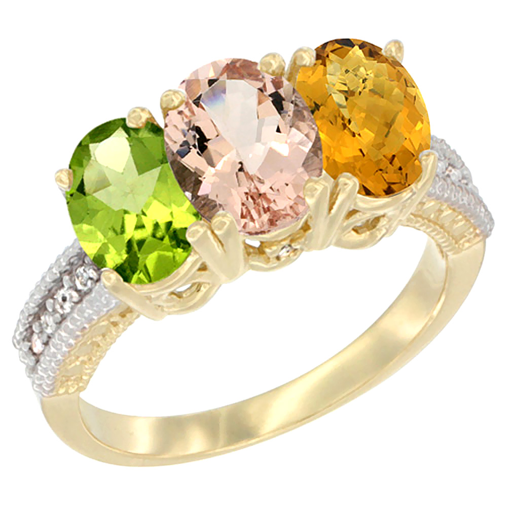 10K Yellow Gold Natural Peridot, Morganite & Whisky Quartz Ring 3-Stone Oval 7x5 mm, sizes 5 - 10