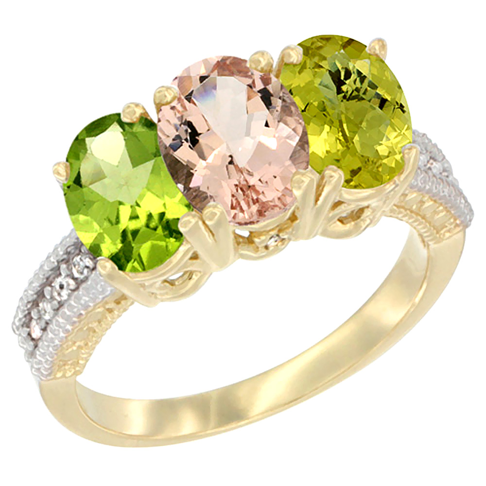 10K Yellow Gold Natural Peridot, Morganite & Lemon Quartz Ring 3-Stone Oval 7x5 mm, sizes 5 - 10