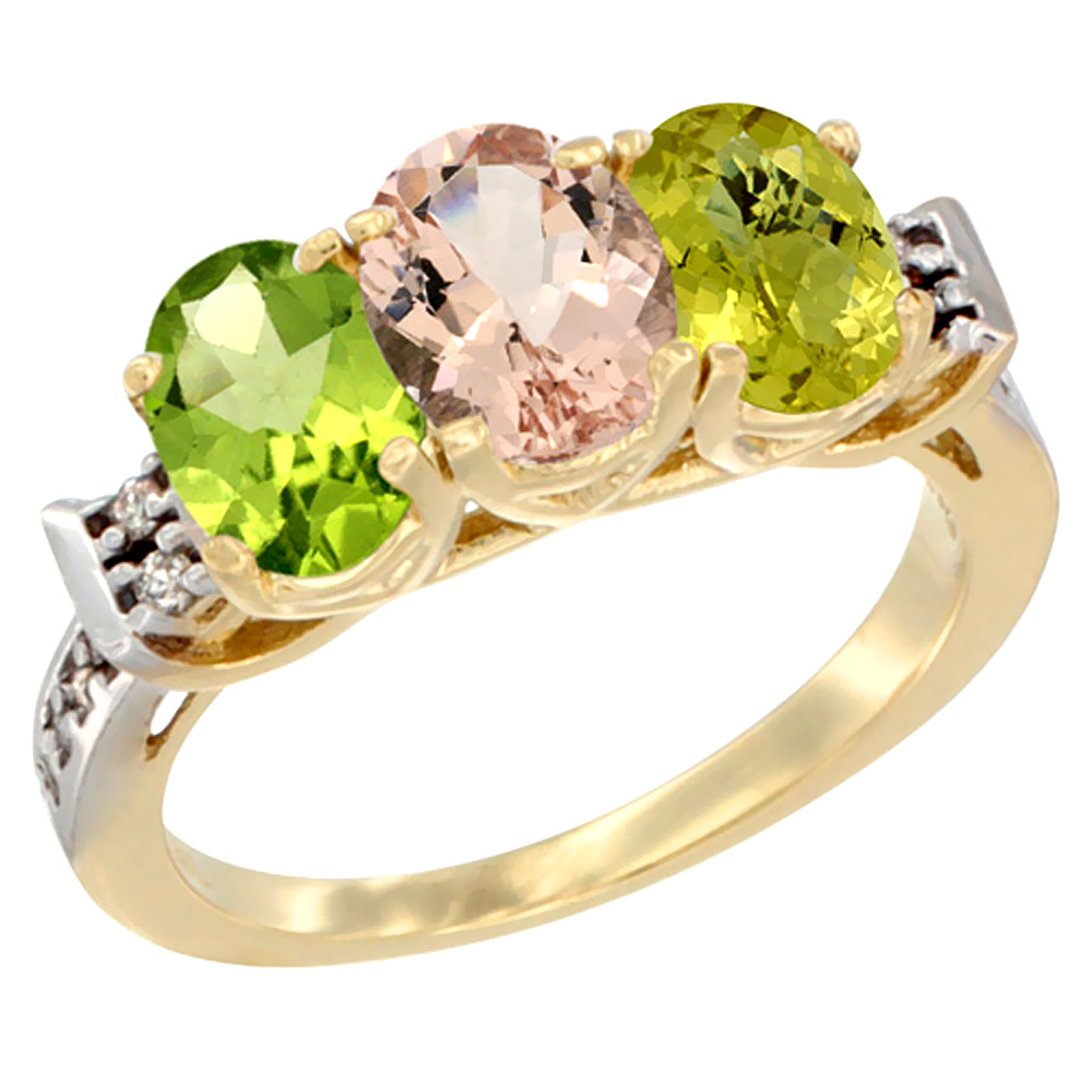 10K Yellow Gold Natural Peridot, Morganite & Lemon Quartz Ring 3-Stone Oval 7x5 mm Diamond Accent, sizes 5 - 10