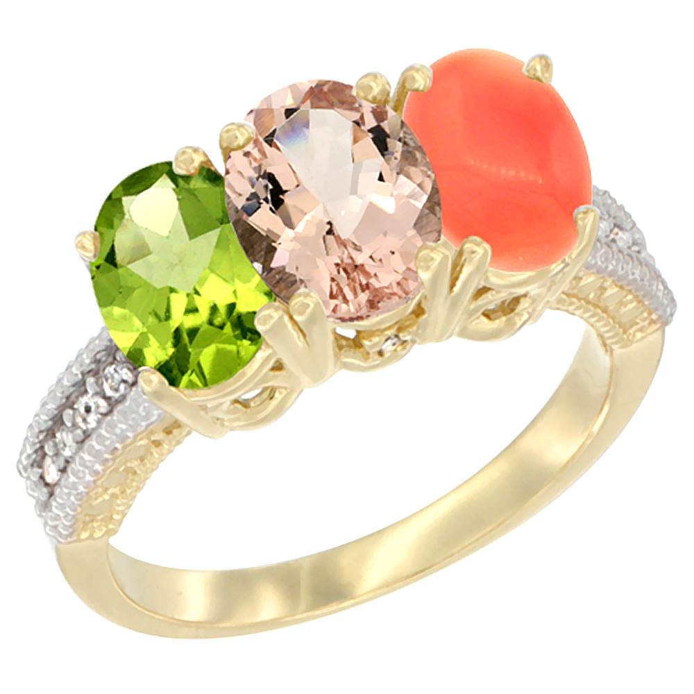 10K Yellow Gold Natural Peridot, Morganite & Coral Ring 3-Stone Oval 7x5 mm, sizes 5 - 10