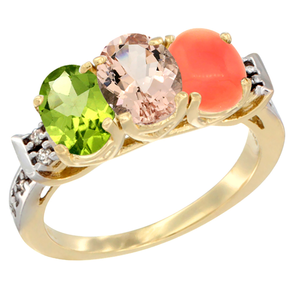 14K Yellow Gold Natural Peridot, Morganite & Coral Ring 3-Stone Oval 7x5 mm Diamond Accent, sizes 5 - 10