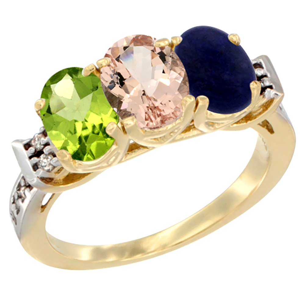 14K Yellow Gold Natural Peridot, Morganite &amp; Lapis Ring 3-Stone Oval 7x5 mm Diamond Accent, sizes 5 - 10