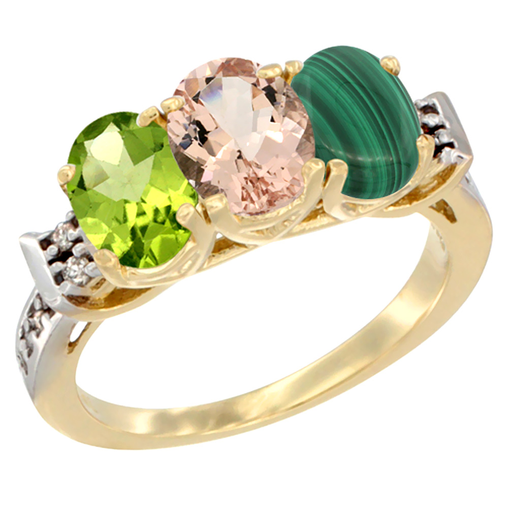 14K Yellow Gold Natural Peridot, Morganite & Malachite Ring 3-Stone Oval 7x5 mm Diamond Accent, sizes 5 - 10